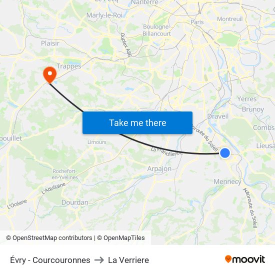 Évry - Courcouronnes to La Verriere map
