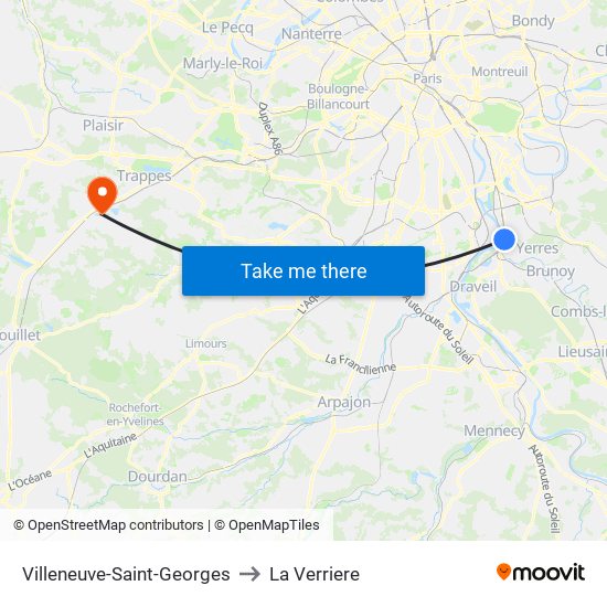 Villeneuve-Saint-Georges to La Verriere map