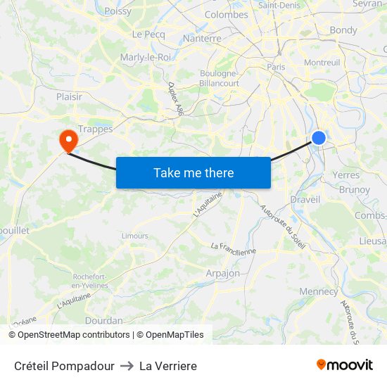 Créteil Pompadour to La Verriere map