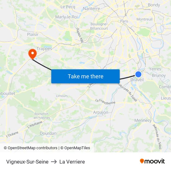 Vigneux-Sur-Seine to La Verriere map