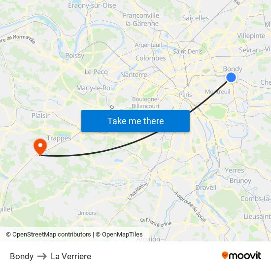 Bondy to La Verriere map