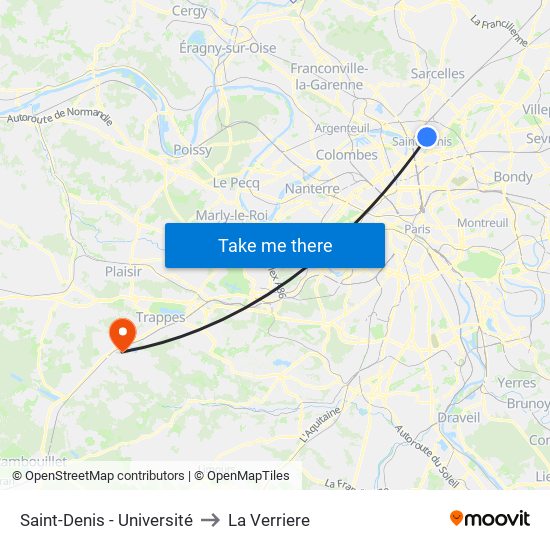 Saint-Denis - Université to La Verriere map