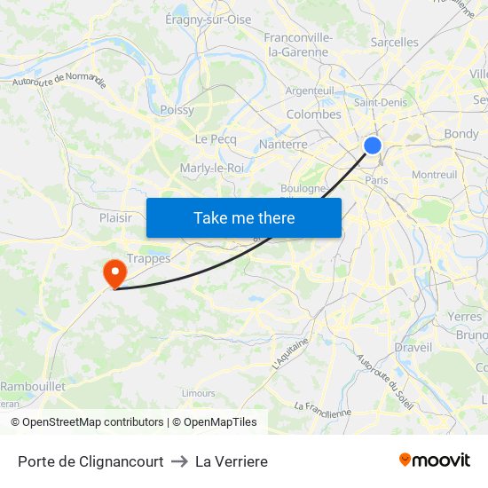 Porte de Clignancourt to La Verriere map