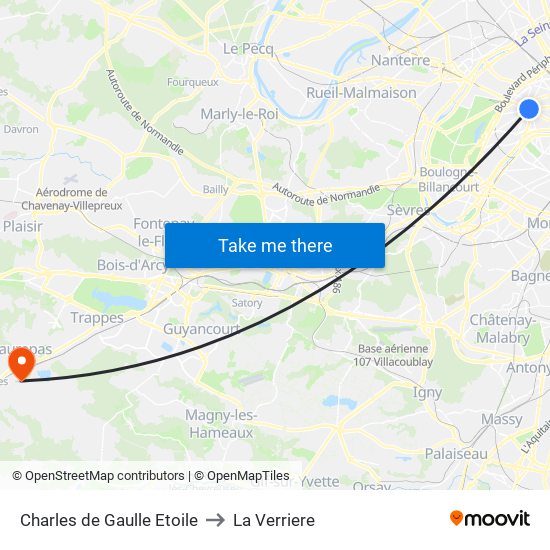 Charles de Gaulle Etoile to La Verriere map