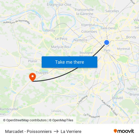 Marcadet - Poissonniers to La Verriere map