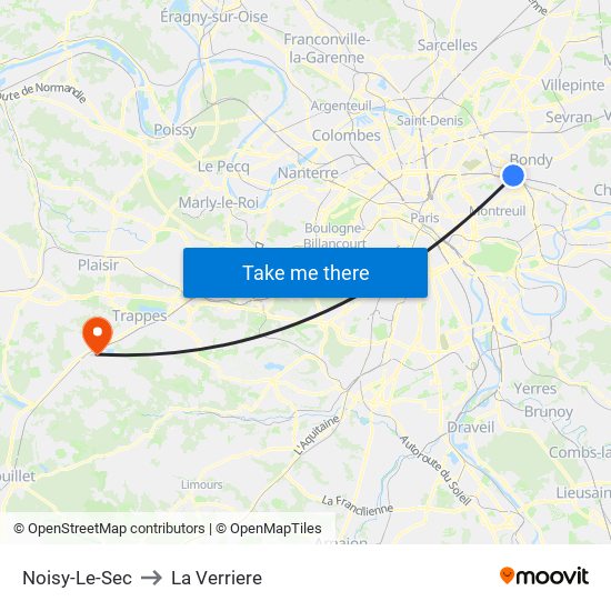 Noisy-Le-Sec to La Verriere map