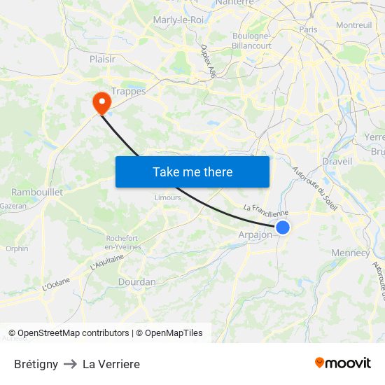 Brétigny to La Verriere map