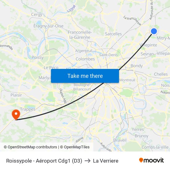 Roissypole - Aéroport Cdg1 (D3) to La Verriere map
