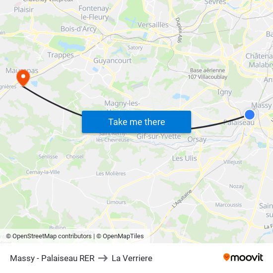 Massy - Palaiseau RER to La Verriere map