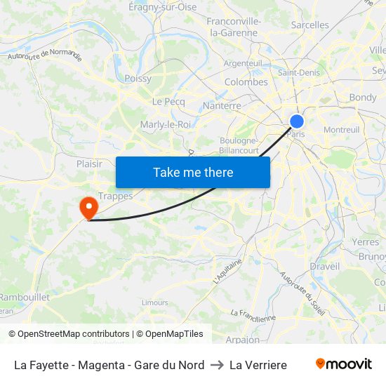 La Fayette - Magenta - Gare du Nord to La Verriere map
