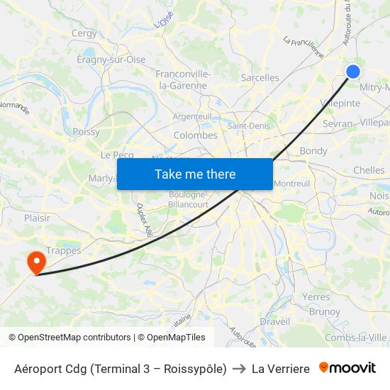 Aéroport Cdg (Terminal 3 – Roissypôle) to La Verriere map