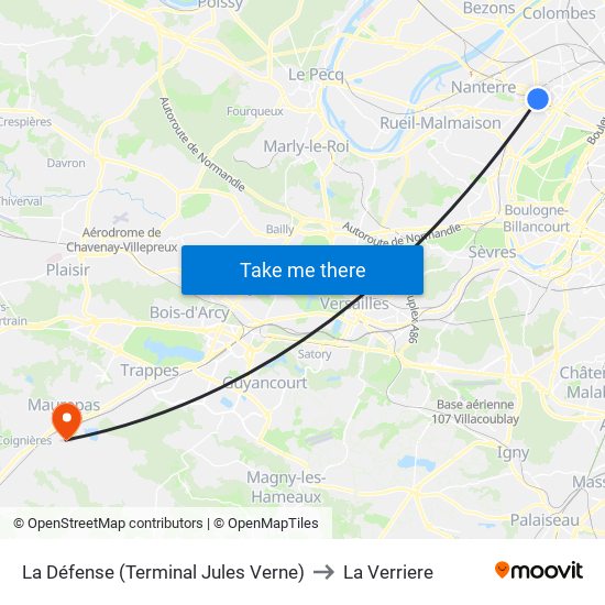 La Défense (Terminal Jules Verne) to La Verriere map