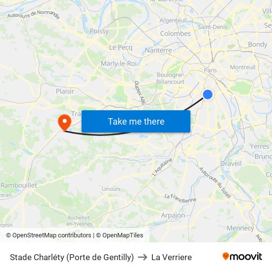 Stade Charléty (Porte de Gentilly) to La Verriere map