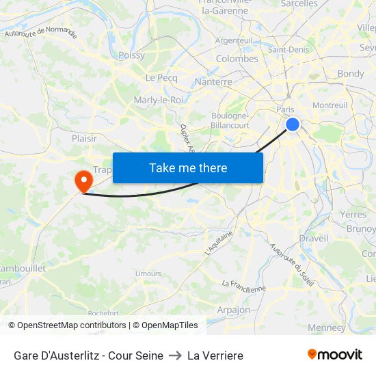 Gare D'Austerlitz - Cour Seine to La Verriere map