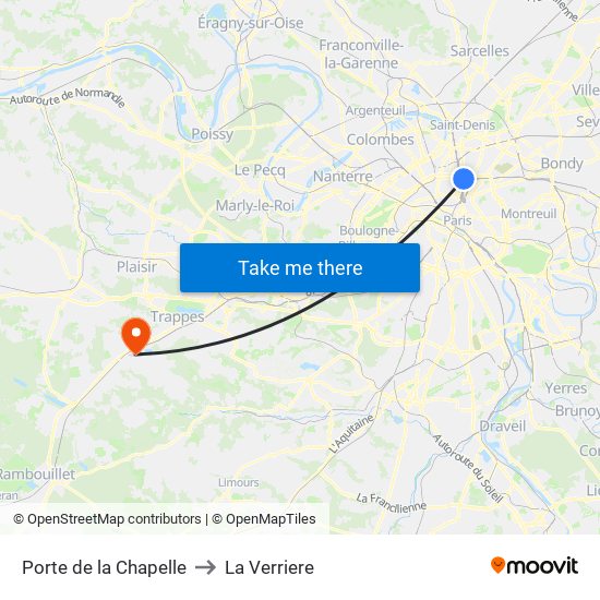 Porte de la Chapelle to La Verriere map
