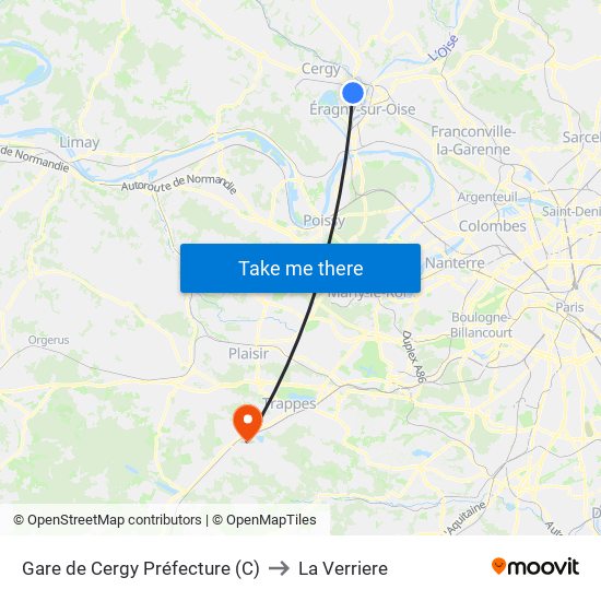 Gare de Cergy Préfecture (C) to La Verriere map