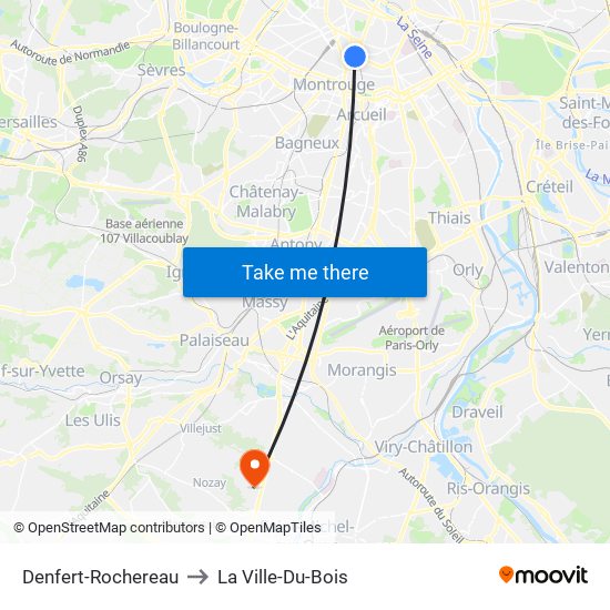 Denfert-Rochereau to La Ville-Du-Bois map