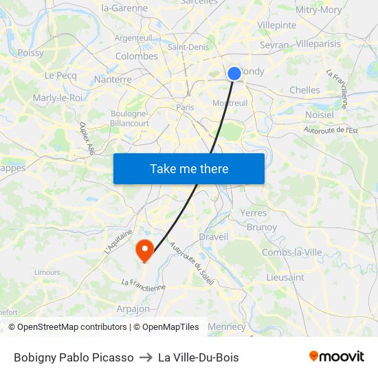 Bobigny Pablo Picasso to La Ville-Du-Bois map