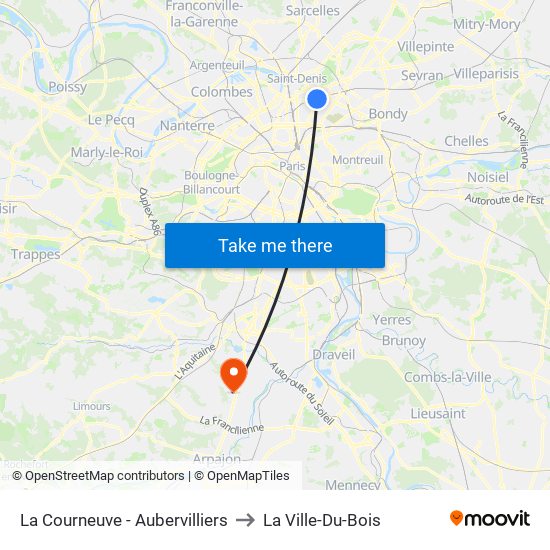 La Courneuve - Aubervilliers to La Ville-Du-Bois map