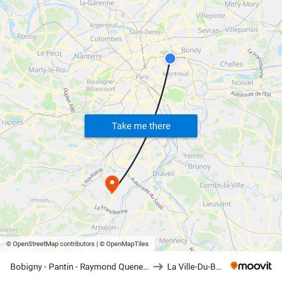 Bobigny - Pantin - Raymond Queneau to La Ville-Du-Bois map
