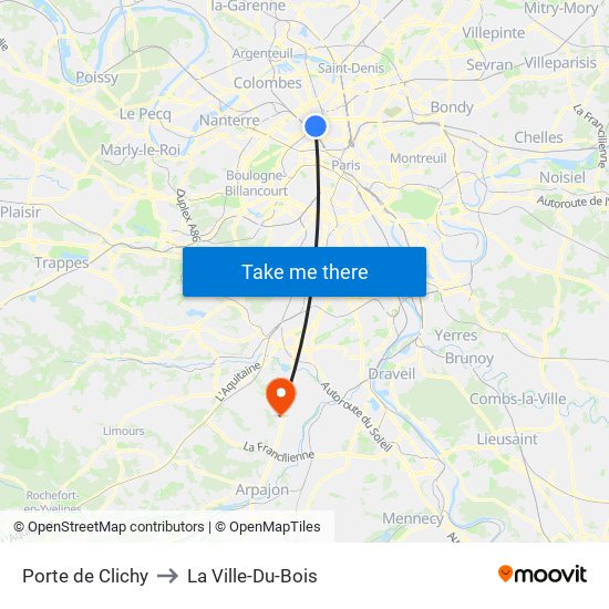 Porte de Clichy to La Ville-Du-Bois map