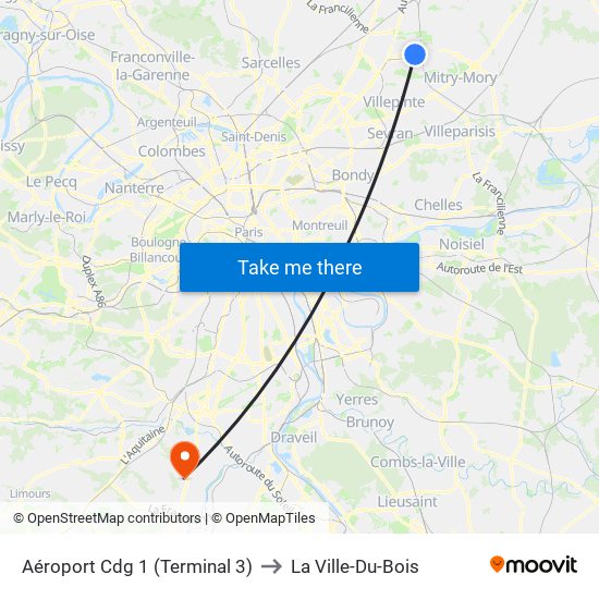 Aéroport Cdg 1 (Terminal 3) to La Ville-Du-Bois map