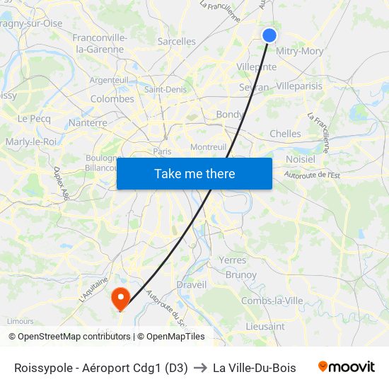 Roissypole - Aéroport Cdg1 (D3) to La Ville-Du-Bois map