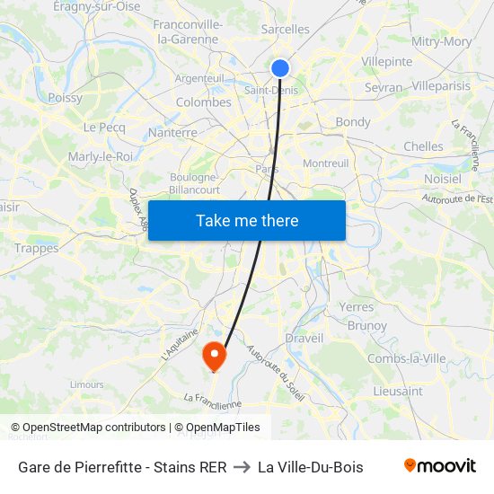 Gare de Pierrefitte - Stains RER to La Ville-Du-Bois map