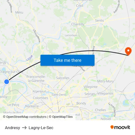 Andresy to Lagny-Le-Sec map
