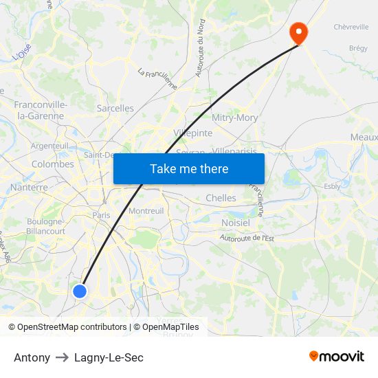 Antony to Lagny-Le-Sec map