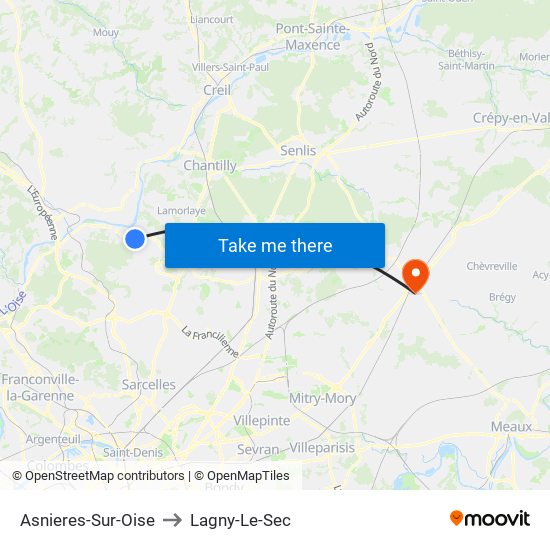 Asnieres-Sur-Oise to Lagny-Le-Sec map