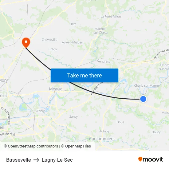 Bassevelle to Lagny-Le-Sec map
