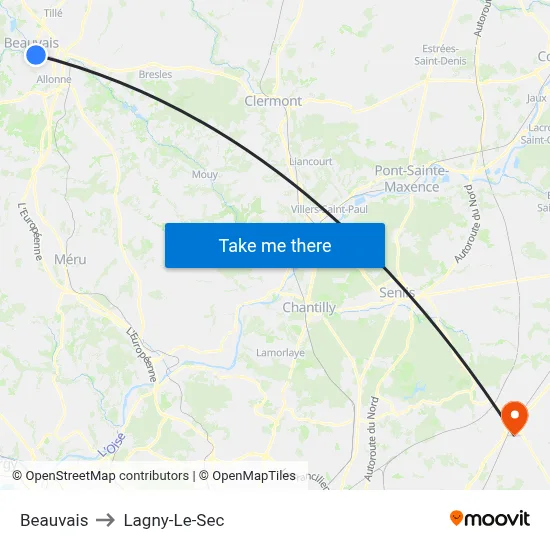 Beauvais to Lagny-Le-Sec map
