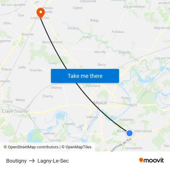 Boutigny to Lagny-Le-Sec map