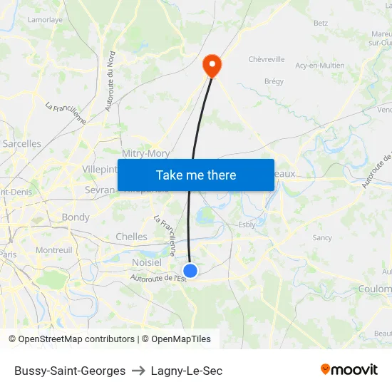 Bussy-Saint-Georges to Lagny-Le-Sec map