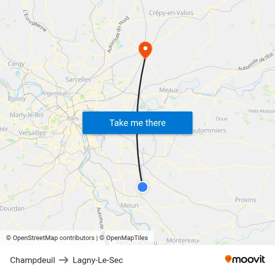 Champdeuil to Lagny-Le-Sec map
