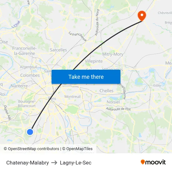 Chatenay-Malabry to Lagny-Le-Sec map