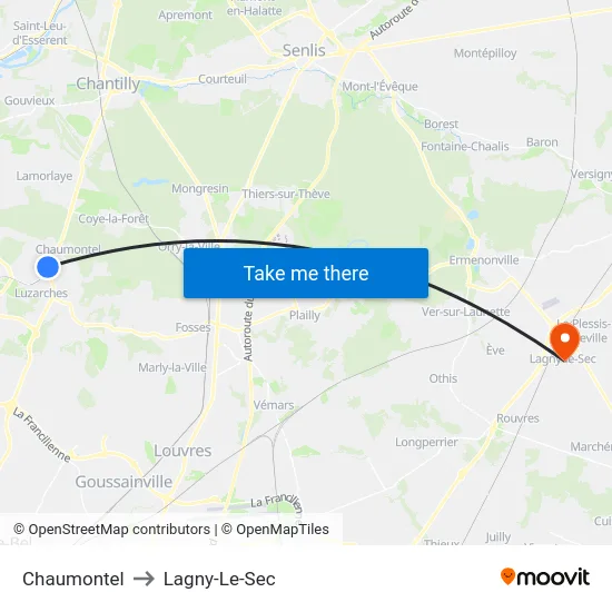 Chaumontel to Lagny-Le-Sec map