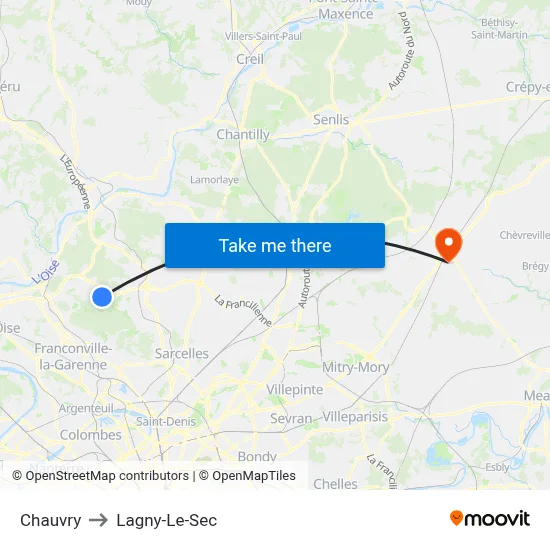 Chauvry to Lagny-Le-Sec map