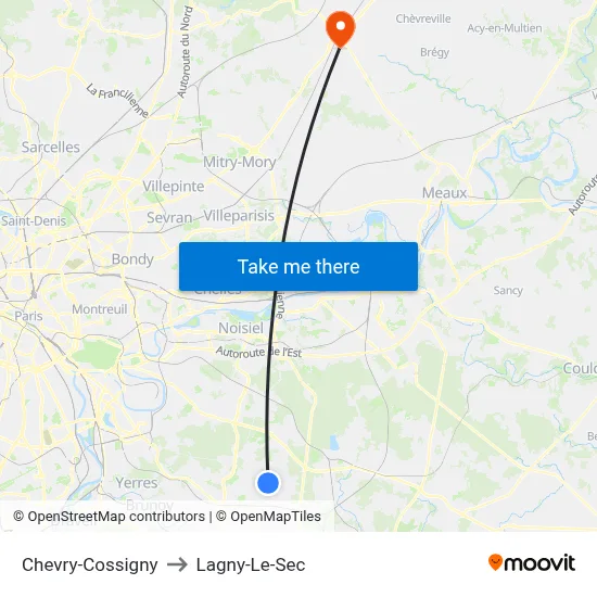 Chevry-Cossigny to Lagny-Le-Sec map