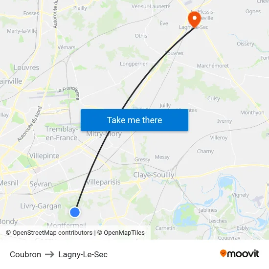 Coubron to Lagny-Le-Sec map