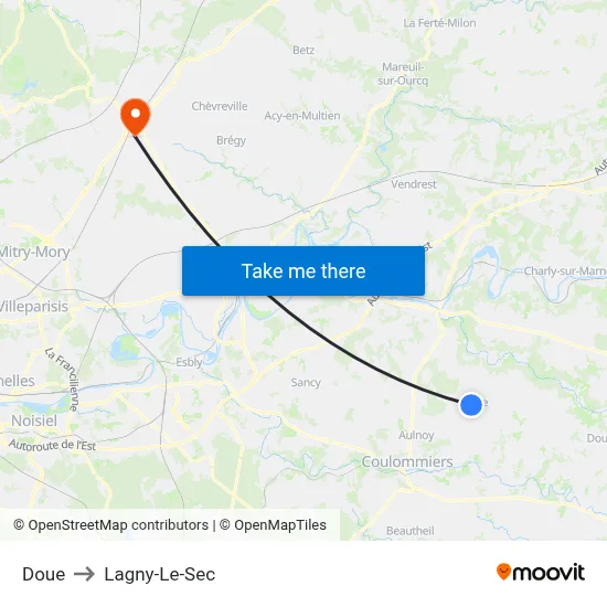 Doue to Lagny-Le-Sec map