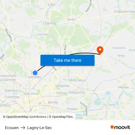 Ecouen to Lagny-Le-Sec map