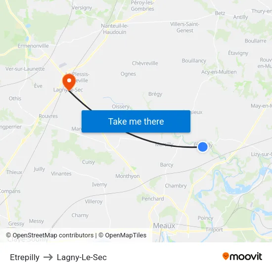 Etrepilly to Lagny-Le-Sec map