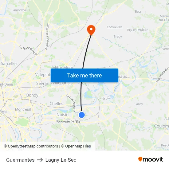Guermantes to Lagny-Le-Sec map