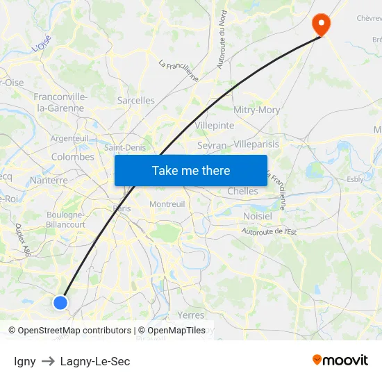 Igny to Lagny-Le-Sec map