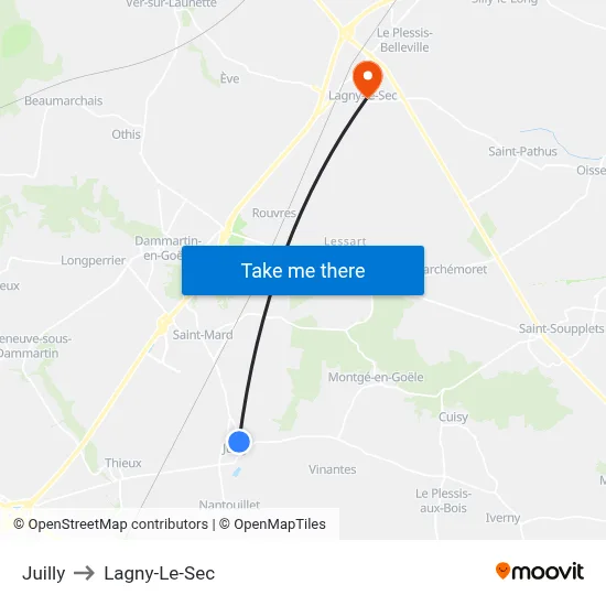 Juilly to Lagny-Le-Sec map
