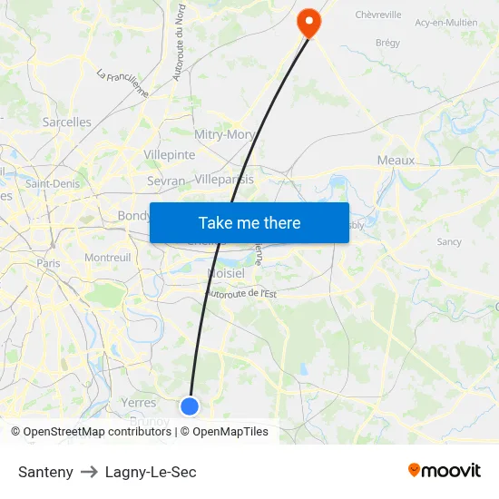 Santeny to Lagny-Le-Sec map
