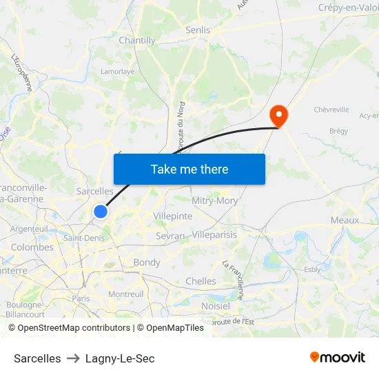 Sarcelles to Lagny-Le-Sec map