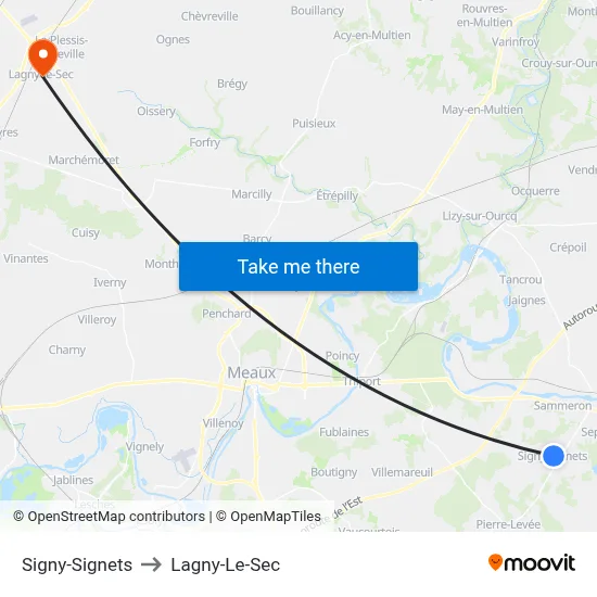 Signy-Signets to Lagny-Le-Sec map